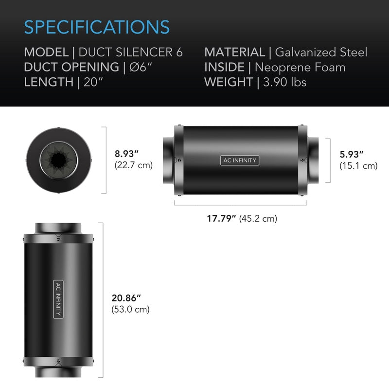 AC Infinity Inline Duct Silencer, 6-Inch specifications 