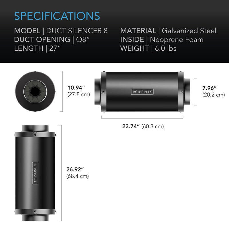 AC Infinity Inline Duct Silencer, 8-Inch specifications 