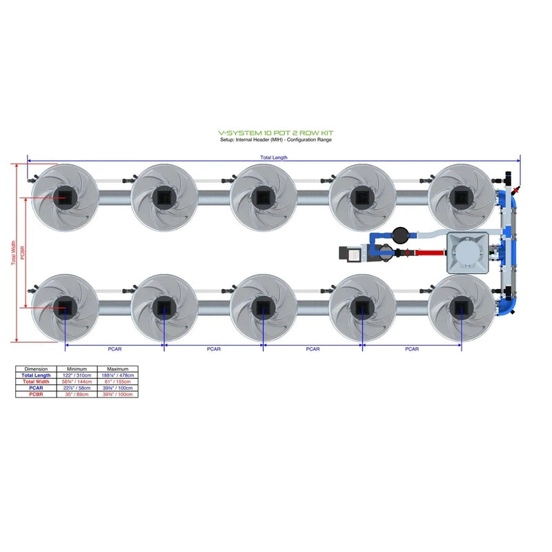 ALIEN Hydroponics V-SYSTEM 10 Pot 2 Row Hydroponic Kit mih view with dimensions