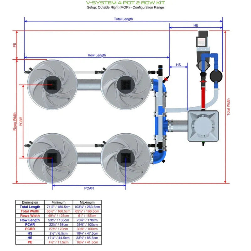 ALIEN Hydroponics V-SYSTEM 4 Pot 2 Row Hydroponic Kit outside right header view with dimensions