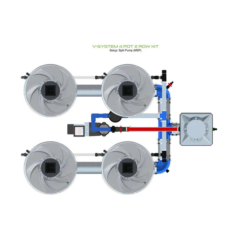 ALIEN Hydroponics V-SYSTEM 4 Pot 2 Row Hydroponic Kit split pump header view