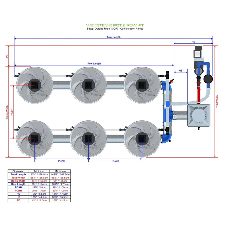 ALIEN Hydroponics V-SYSTEM 6 Pot 2 Row Hydroponic Kit mor view with dimensions