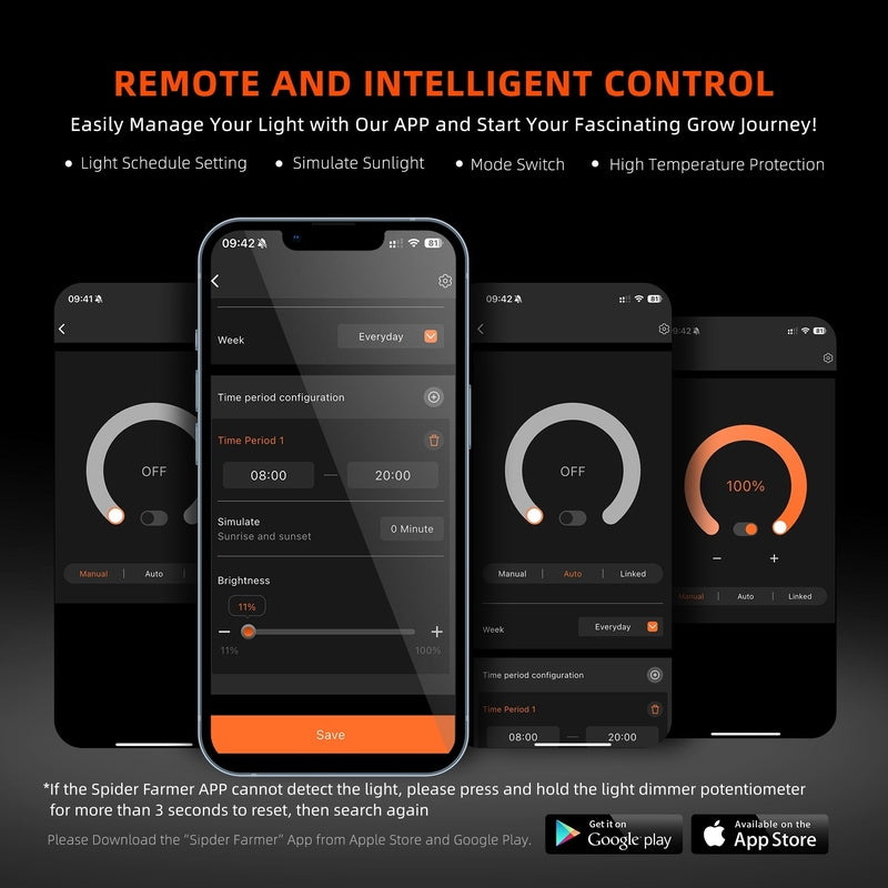 Spider Farmer G1500 – 150W WiFi & Bluetooth Full Spectrum LED Grow Light Smartphone app interface for remote light control with app icons and text on a dark background