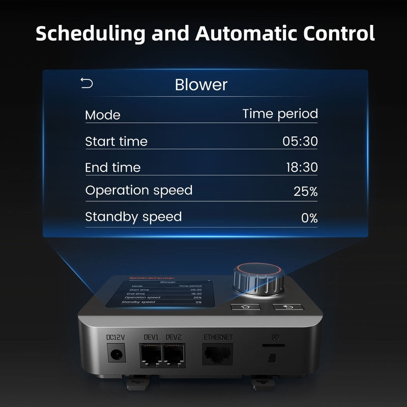 Spider Farmer Smart Grow Tent Kit SE7000 LED Lighting 5’x5’x6.5′ Control panel with scheduling and automatic control settings displayed on a screen.