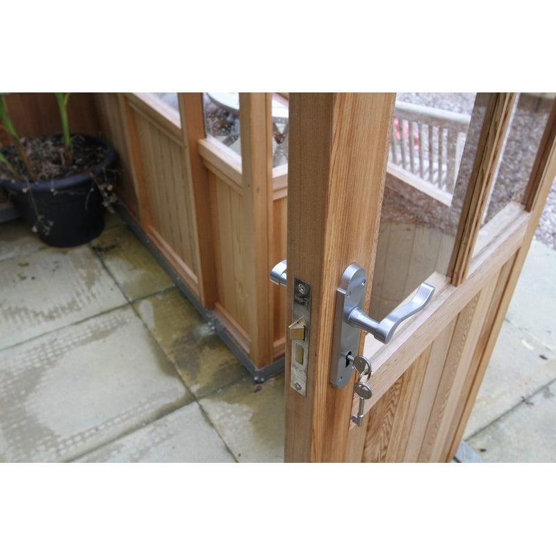 Alton  Lancing Cedar Greenhouse inside view of door handle