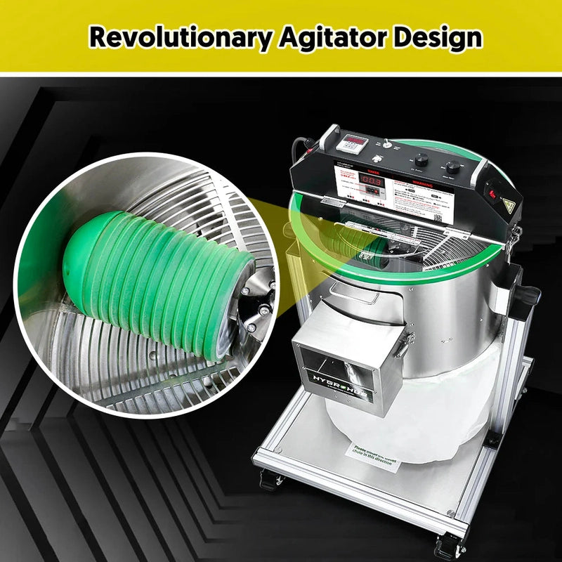Hygrohub 3000XL Bud Trimmer  machine with green agitator and close-up inset, labeled 'Revolutionary Agitator Design'.