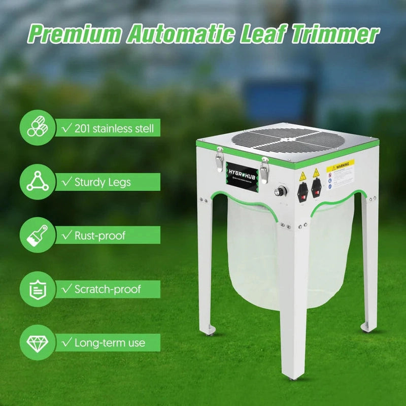 Hygrohub P100 Wet Bud Trimmer Premium Automatic Leaf Trimmer with features listed on a green background