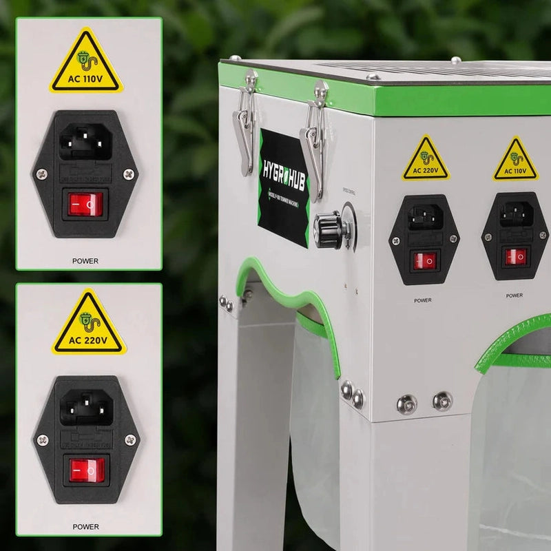 Hygrohub P100 Wet Bud Trimmer Electrical panel with power outlets and warning labels on a green background