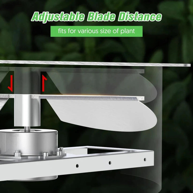 Hygrohub P100 Wet Bud Trimmer Adjustable blade distance mechanism for plant cutting with a green background