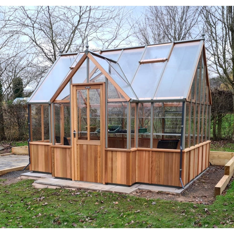 Cambridge T-Shaped Cedar Half-Boarded Greenhouse – Elegant Portico Design, Premium Cedar Frame
