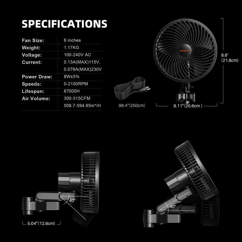 Spider Farmer Smart Hydroponic Grow Tent Kit  SE7000 730W LED 5’x5’x6.5′ Black oscillating fan with specifications on a black background