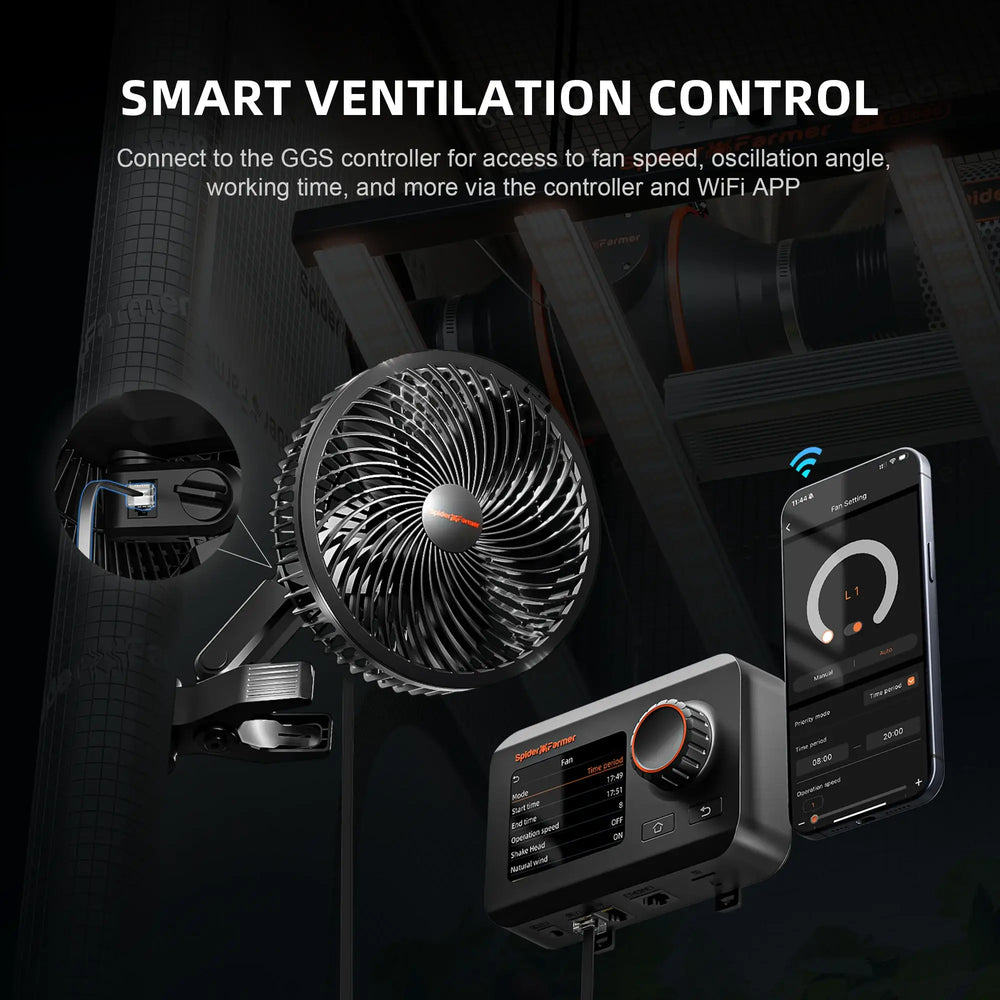 Spider Farmer 3x3x6 Smart Grow Tent Kit with GGS Controller – G3000 LED, Smart ventilation control system with fan, controller, and smartphone app on a dark background