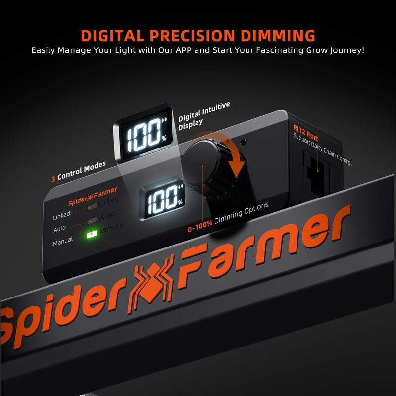 Spider Farmer G1500 – 150W WiFi & Bluetooth Full Spectrum LED Grow Light Spider Farmer digital grow light controller with digital display and branding on a dark background