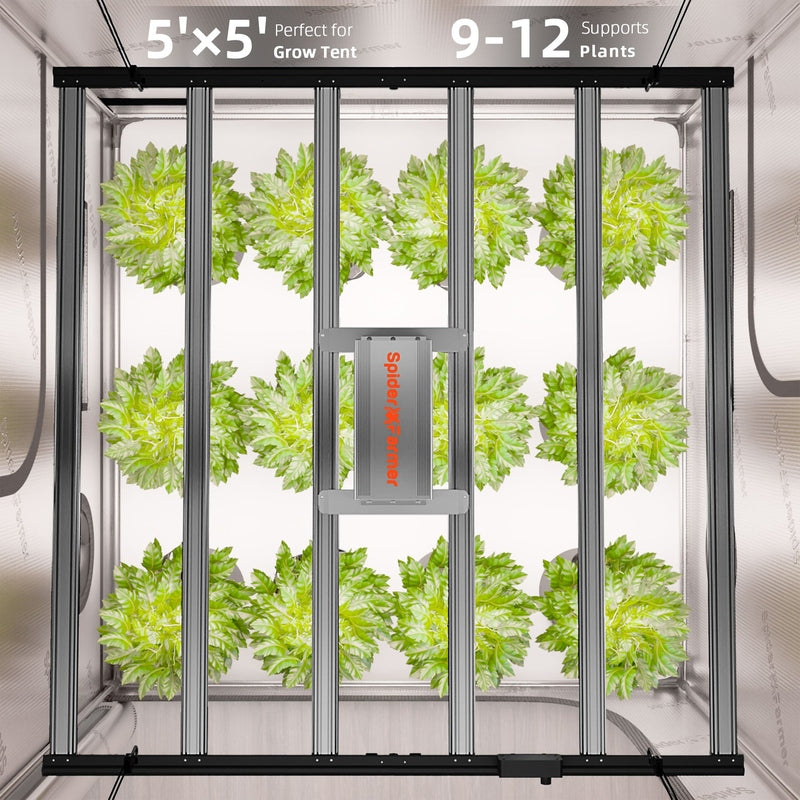 Spider Farmer Smart Grow Tent Kit 5′x5′x6.5′ with G8600 800W LED Grow tent with plants inside, labeled for size and plant support.