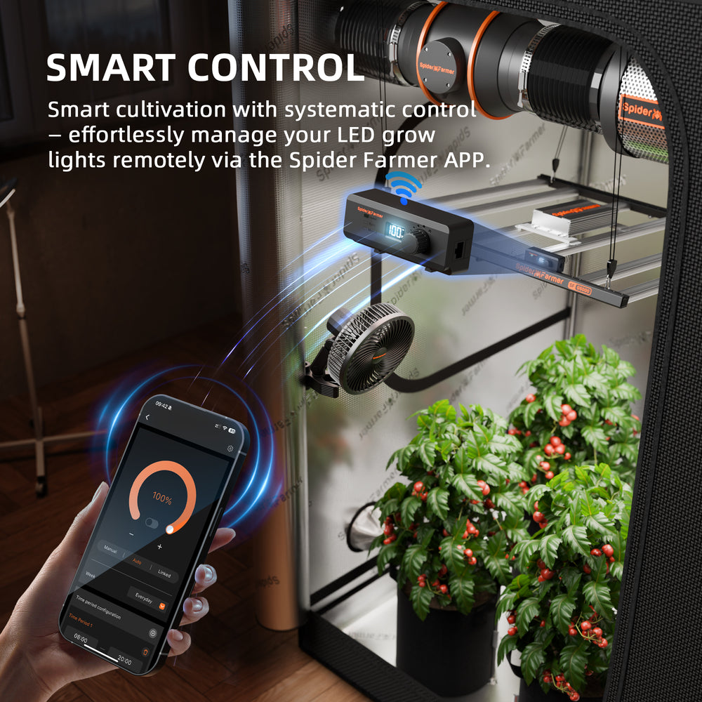 Spider Farmer G3000 300W Smart LED Grow Light – App-Controlled Full-Spectrum Lighting for 3x3 Grow Tents Smart control system for LED grow lights with smartphone app interface, indoor plants, and Spider Farmer branding.