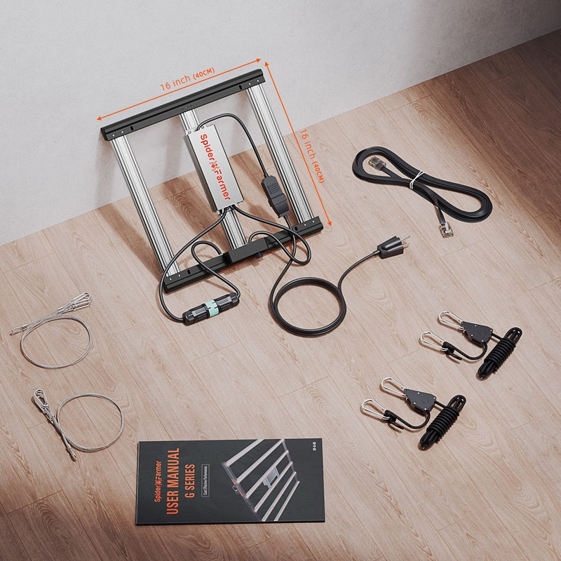 Spider Farmer G1500 – 150W WiFi & Bluetooth Full Spectrum LED Grow Light with accessories and manual on a wooden floor