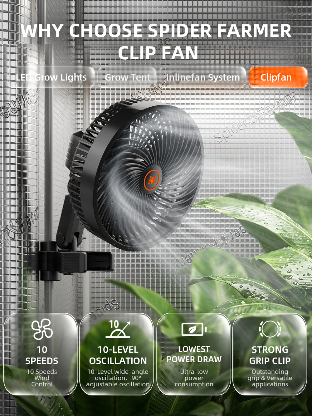 Spider Farmer G3000 Complete Grow Tent Kit W/ Ventilation System / Speed Controller 3x3 clip fan features 