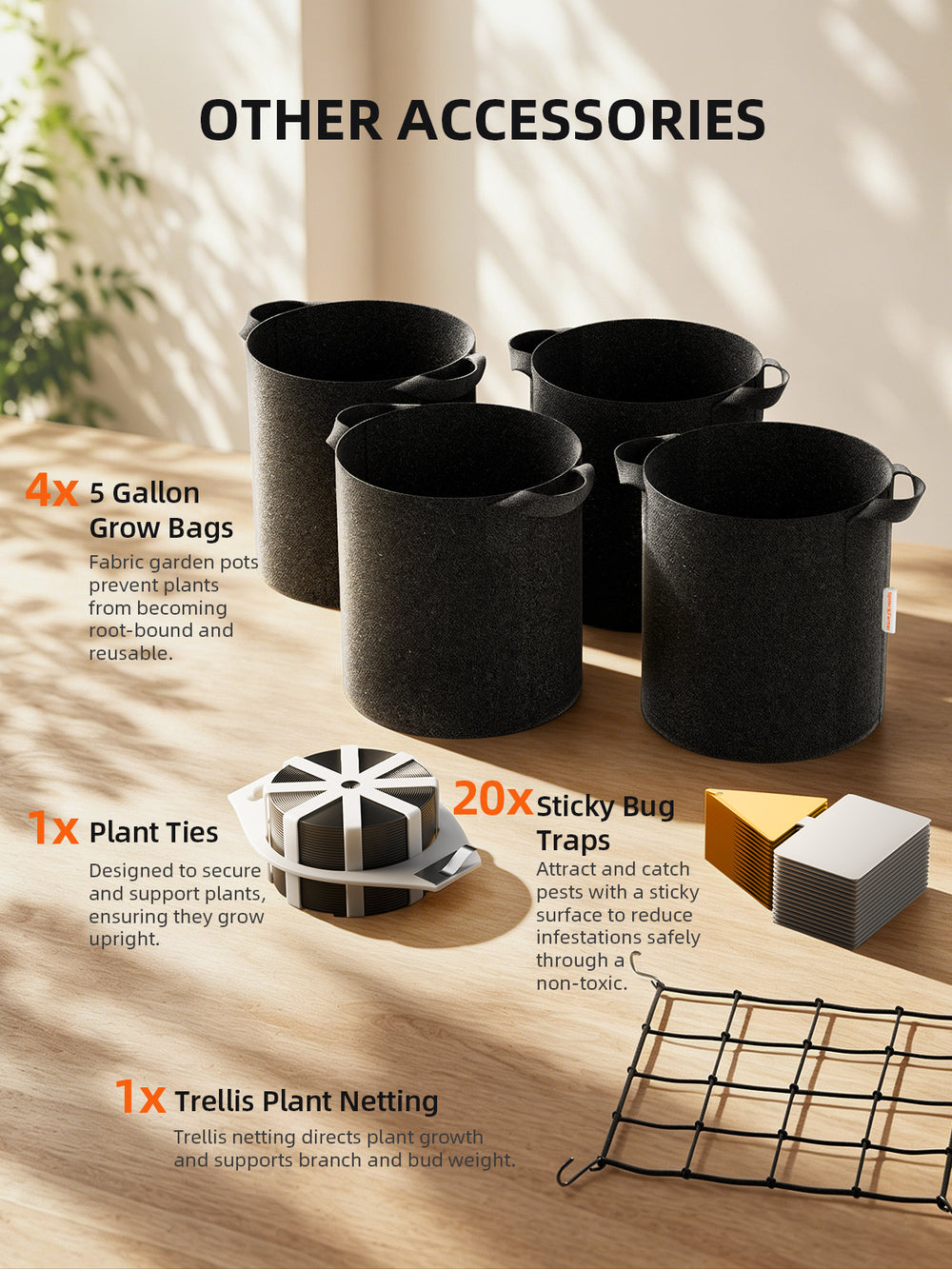 Spider Farmer 3x3x6 Smart Grow Tent Kit with GGS Controller – G3000 LED, 4 Ventilation, 6 Clip Fan & 5x 11-Gallon Grow Bags other accessories features 
