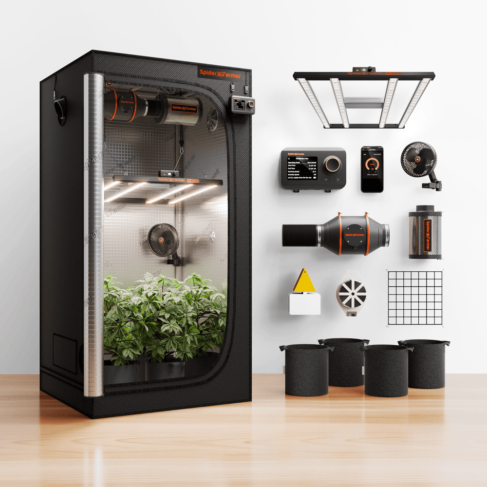 Spider Farmer 3x3x6 Smart Grow Tent Kit with GGS Controller – G3000 LED, 4 Ventilation, 6 Clip Fan & 5x 11-Gallon Grow Bags full kit 