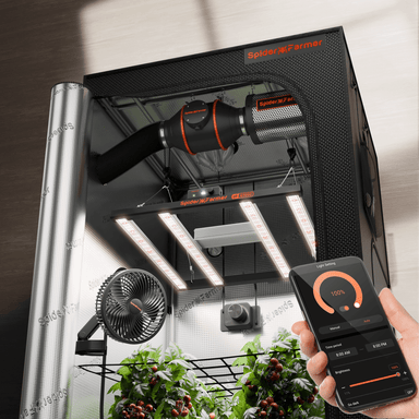 Spider Farmer G3000 Complete Grow Tent Kit W/ Ventilation System / Speed Controller Spider Farmer indoor grow tent with LED lights and a fan, controlled by a smartphone app.