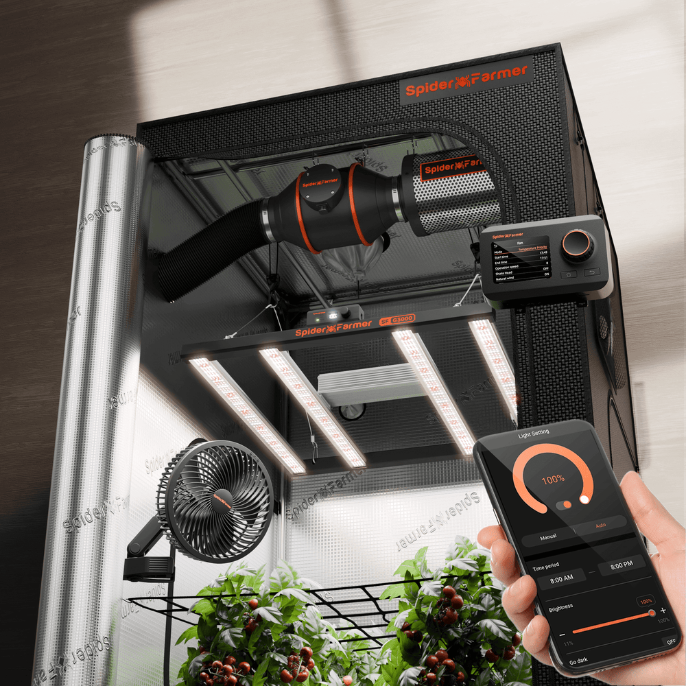 Spider Farmer 3x3x6 Smart Grow Tent Kit with GGS Controller – G3000 LED, Spider Farmer indoor grow tent with LED lights and a smartphone app for control, on a white background.