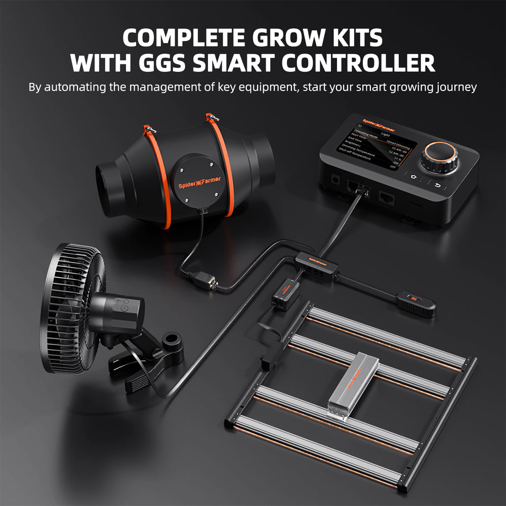 Spider Farmer 3x3x6 Smart Grow Tent Kit with GGS Controller – G3000 LED, Complete grow kit with GGS smart controller on a dark background