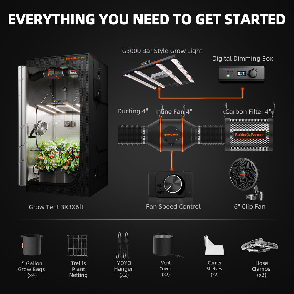 Spider Farmer G3000 Complete Grow Tent Kit W/ Ventilation System / Speed Controller Complete indoor gardening setup with grow tent, lights, and accessories on a black background.