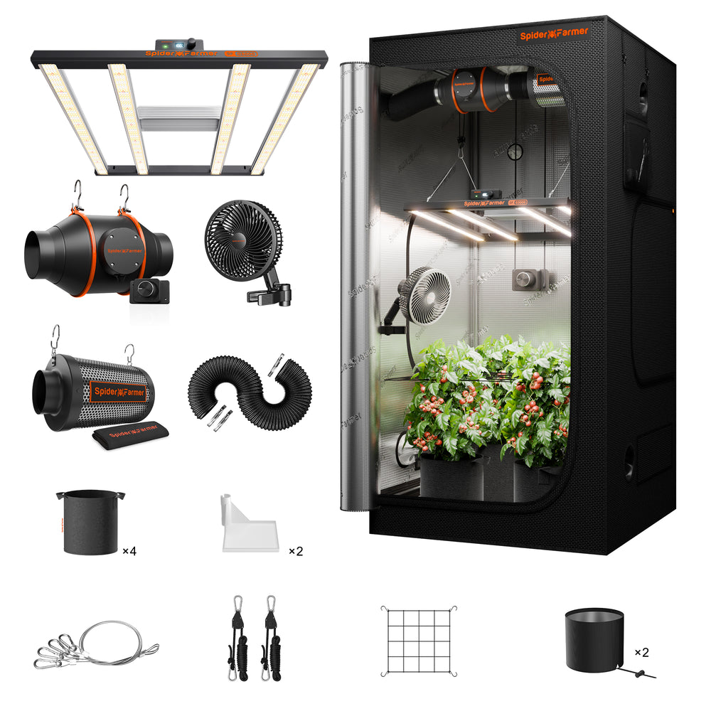 Spider Farmer G3000 Complete Grow Tent Kit W/ Ventilation System / Speed Controller Growing tent with LED light, fan, exhaust system, and plants inside on a white background.