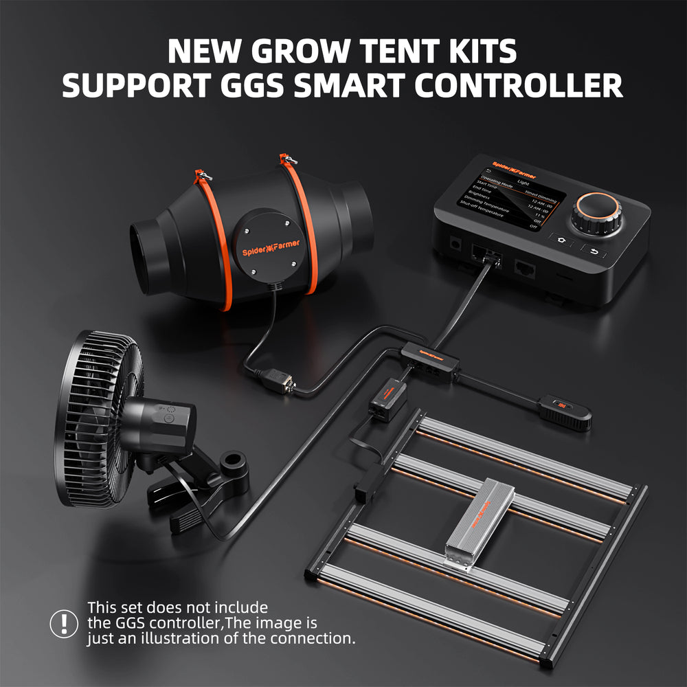 Spider Farmer G3000 Complete Grow Tent Kit W/ Ventilation System / Speed Controller Grow tent kit components including a fan, light, and controller on a dark background with text about GGS Smart Controller.