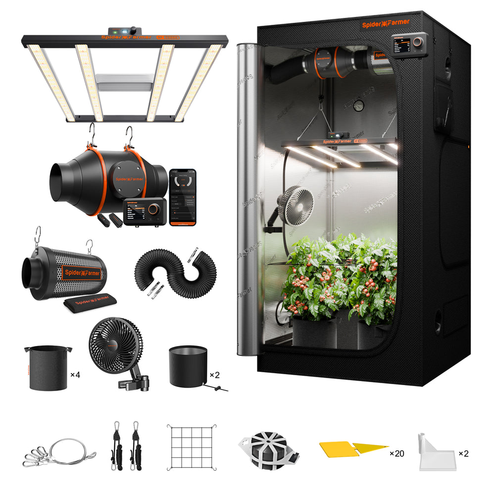 Spider Farmer 3x3x6 Smart Grow Tent Kit with GGS Controller – G3000 LED, Collection of indoor gardening equipment including a grow tent, lights, fans, and accessories on a white background.