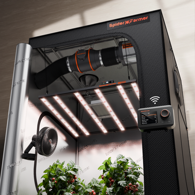 Spider Farmer G5000 4x4 Smart Grow Tent Kit – 480W Full Spectrum LED, App-Controlled Ventilation, GGS Climate System Spider Farmer indoor gardening system with plants inside