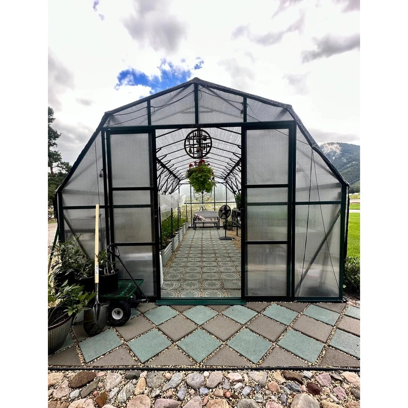 Grandio Summit Greenhouse lifestyle  image door open with equipment in front 
