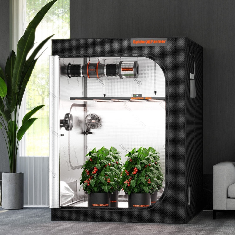 Spider Farmer® 5’x5’x6.5′ Grow Tent Black grow tent with plants inside, placed in a room with a plant and window.