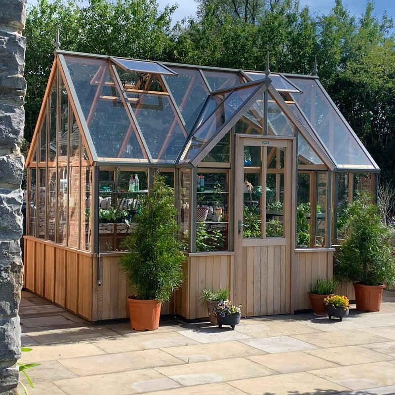 Cambridge T-Shaped Cedar Half-Boarded Greenhouse – Elegant Portico Design, Premium Cedar Frame