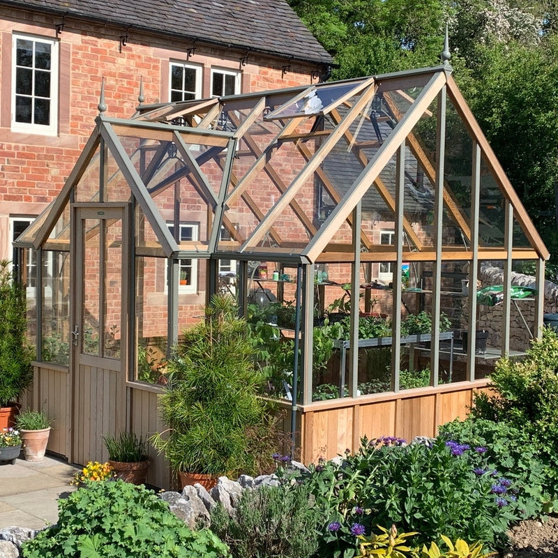 Cambridge T-Shaped Cedar Half-Boarded Greenhouse – Elegant Portico Design, Premium Cedar Frame