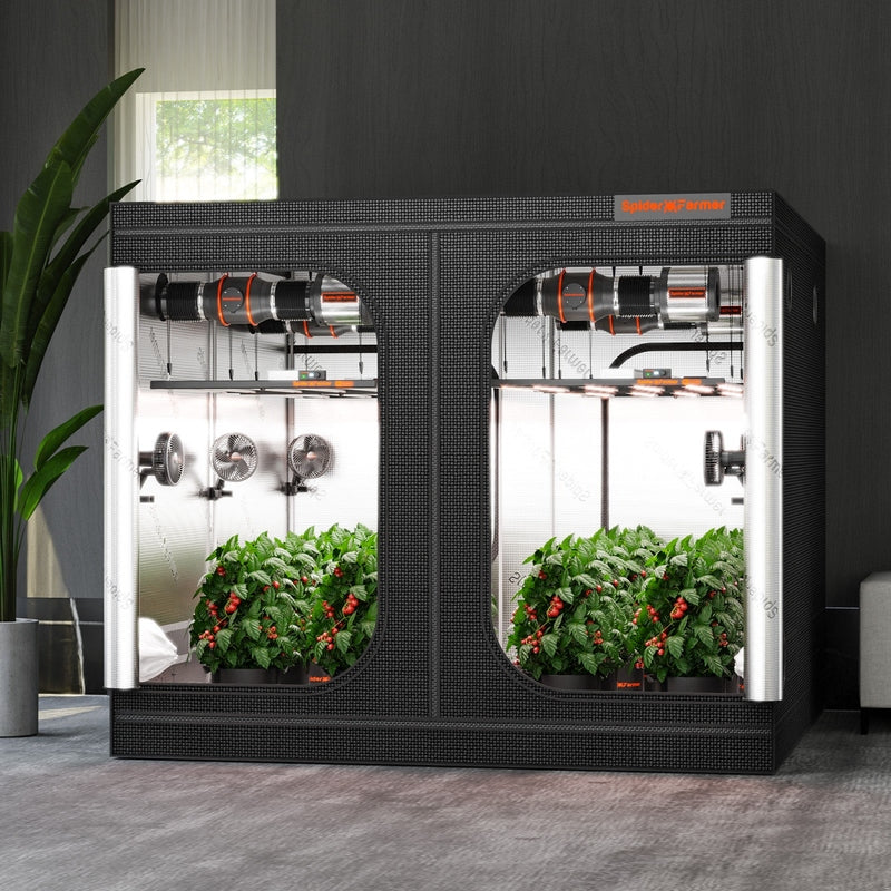 Spider Farmer® 8’x8’x6.5′ Grow Tent  Modern indoor gardening system with plants on a gray floor.