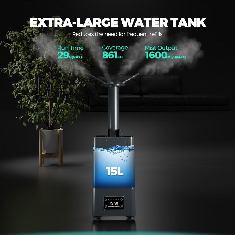 Mars Hydro 15L Large Humidifier for Plants with Ultrasonic Cool Mist, Temperature Humidity Sensor & Remote Control extra large water tank 