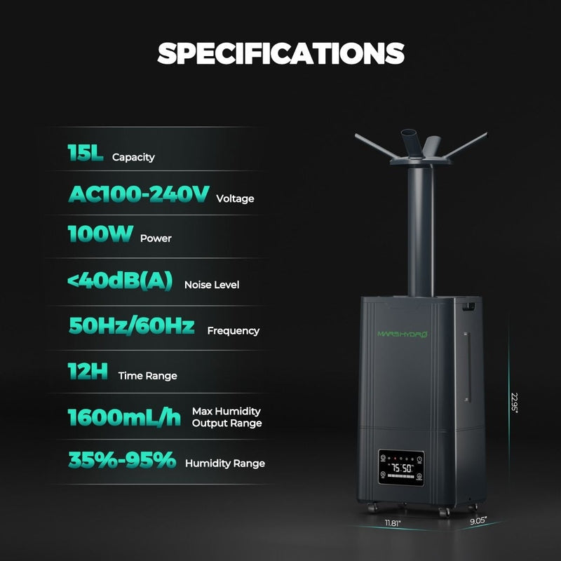 Mars Hydro 15L Large Humidifier for Plants with Ultrasonic Cool Mist, Temperature Humidity Sensor & Remote Control specifications 