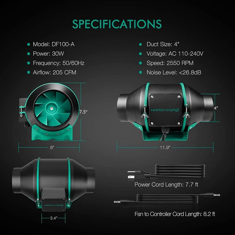 Mars Hydro 4-Inch Inline Duct Fan Complete Kit w/ Speed Controller specifications