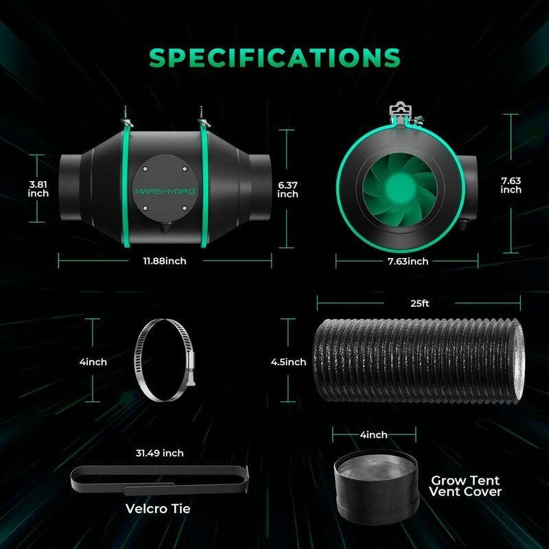 Mars Hydro 4-Inch iFresh smart Fan Complete Kit inline fan specifications