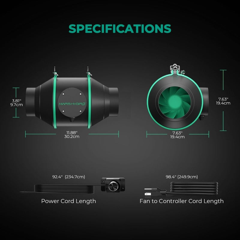 Mars Hydro 4 Inch Inline Duct Fan W/ Carbon Filter/ Speed Controller Combo specifications
