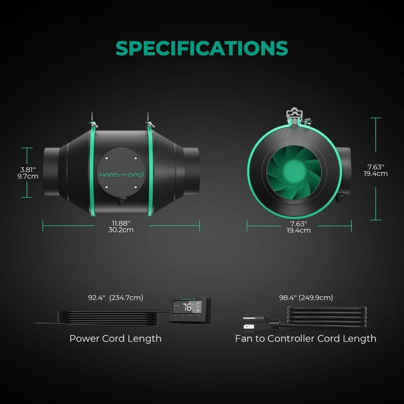 Mars Hydro 4 Inch Inline Duct Fan W/ Carbon Filter/ Thermostat Controller Combo specifications
