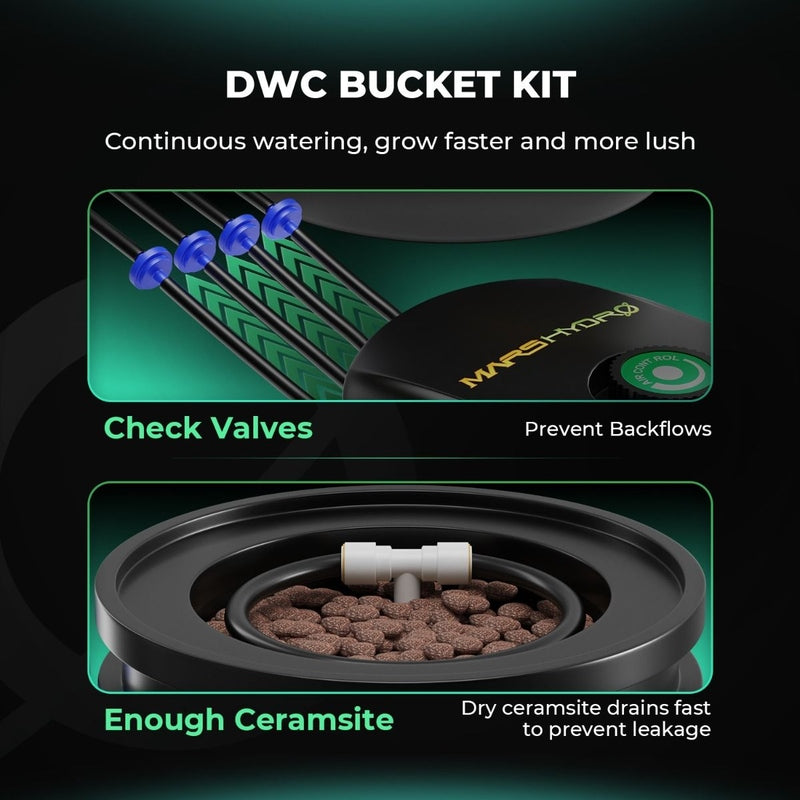 Mars Hydro 5-Gallon DWC Hydroponic System Kit with 2 Buckets (8-inch each) features