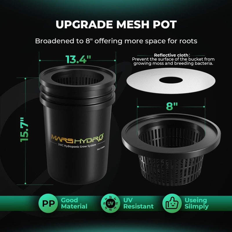Mars Hydro 5-Gallon DWC Hydroponic System Kit with 2 Buckets (8-inch each) mesh pot