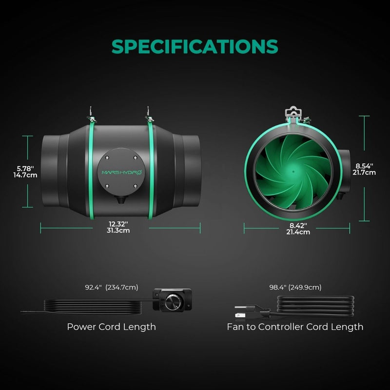 Mars Hydro 6 Inch Inline Duct Fan W/ Carbon Filter/ Speed Controller specifications