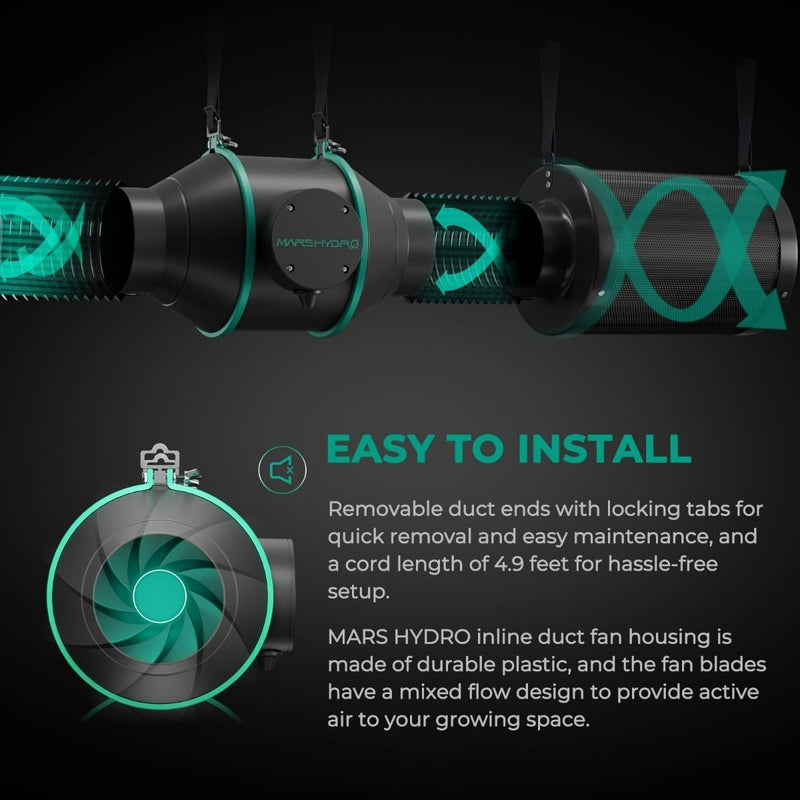 Mars Hydro 6 Inch Inline Duct Fan W/ Carbon Filter/ Thermostat Controller Combo removable duct ends