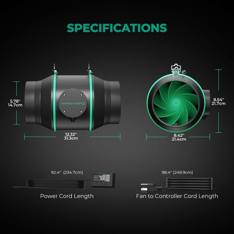 Mars Hydro 6 Inch Inline Duct Fan W/ Carbon Filter/ Thermostat Controller Combo specifications