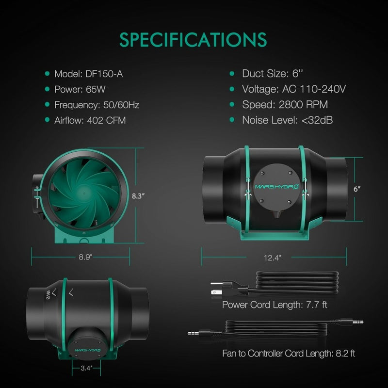 Mars Hydro 6 Inch Inline Duct Fan with Speed Controller  specifications
