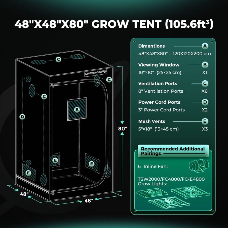 Mars Hydro FC-4800 (48"x 48"x 80") Complete Grow Tent Kit W/ Smart Grow System 4x4 specifications 