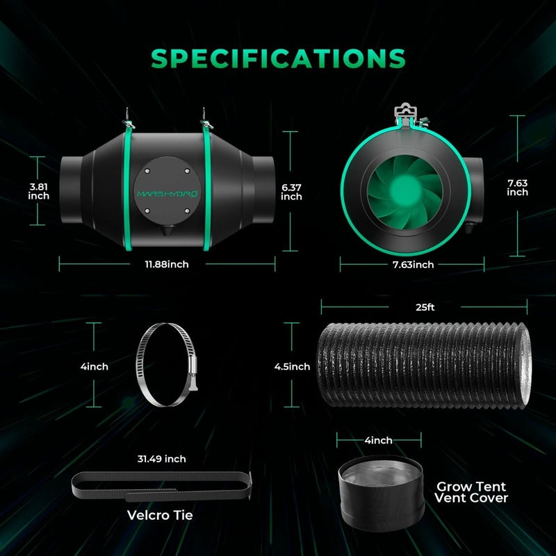 Mars Hydro TS 1000 LED (32"x 32"x 63") Complete Grow Tent Kit 2.7x2.7 4 inch inline fan specifications 
